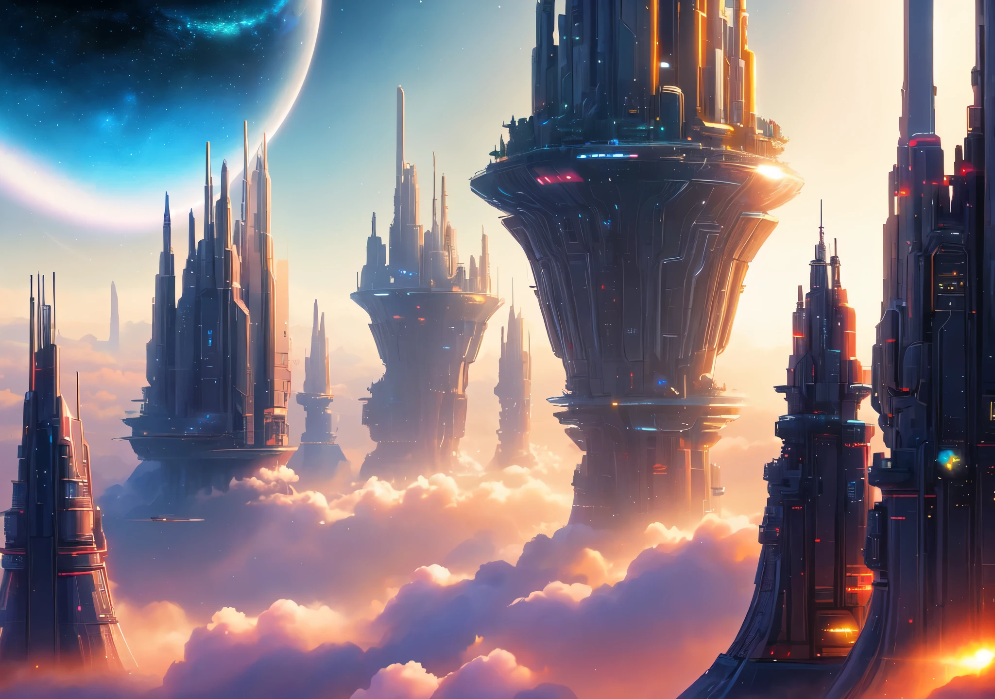fantasy concept art，futurist city on Jupiter, transparent building，Beautiful lighting decoration，futurist airships drive through the city center，24th century，science，futurist，Masterpiece artwork，best qualityer，high qualiy，realistically，epic shot，film lighting，16K，primitive，超High resolution，Hyper-detail，finely detailled，Very fine and beautiful，The is very detailed，True shadows，dreamy view of a space scene with a spiral galaxy, epic and beautiful space sci-fi, surreal space, cosmos infinito ao fundo, highly detailed digital art in 4k, space fractal gradient, galaxy space sci-fi, universe, fantasy space, cosmic space, dimension of infinite space, Space portal, interstellar vortex through time, multiverse portal, naves espaciais voando sobre uma cidade futurist com uma montanha ao fundo, epic fantasy science fiction illustration, Sci-fi fantasy wallpaper, sci-fi digital art illustration, science fiction art, alien space ships, detailed sci-fi art, epic science fiction fantasy art, Science fiction digital painting, Science fiction digital painting, bela science fiction art, sci-fi augmentation, cidade futurist com uma nave espacial futurist e uma nave espacial futurist ao fundo, sci-fi digital art illustration, pintura digital futurist, Science fiction digital painting, Science fiction digital painting, retropintura digital futurist, sci-fi digital art, Nicolas Bouvier Sparth, colorful dystopian futurism, por Sparth, spartan style, colorful concept art, digital concept art illustration