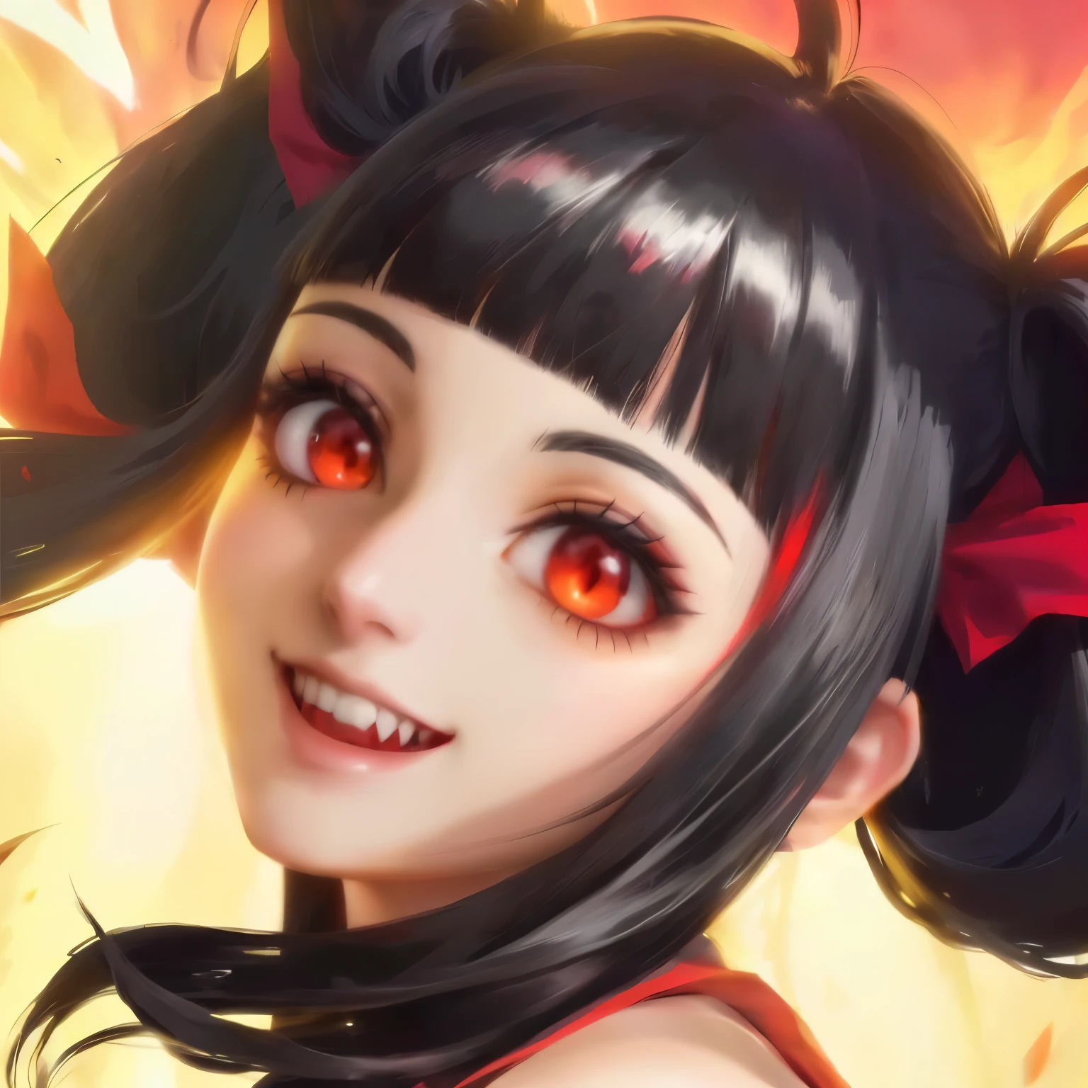 Anime girl with pitch black hair, Red cat-like eyes glowing bright,Red ribbon, Profile picture, A wide smile showing teeth, Vampire clan, Pale complexion