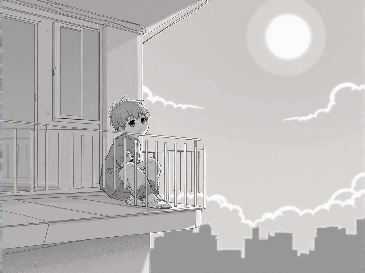 dibujo de un niño sentado en un valcon Looking at the sky a la luna, A drawing, simple drawing, A drawing de anime, inspired by Inoue Naohisa, inspired by Tetsugoro Yorozu, A drawing de manga, 2D drawing, 2D drawing, minimalist drawing, Looking at the sky, sitting on a rooftop, anime drawing