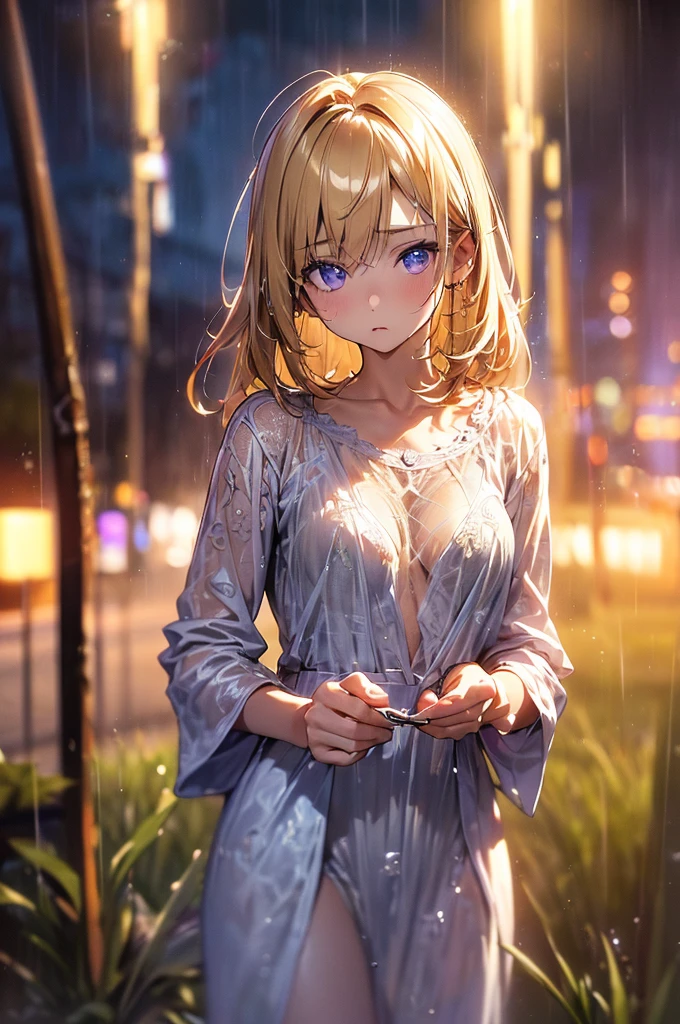 (master quality, amazing detail, amazing eyes), (nighttime) 1girl, outside in the rain at night time, she is standing underneath a lamppost, she is only wearing her sleepwear, she is soaked to the bone, short caramel blonde hair, B-cup breasts, small chest, choker, wearing nothing but a long T-shirt, depressing, view from above, pajamas shirt, 
