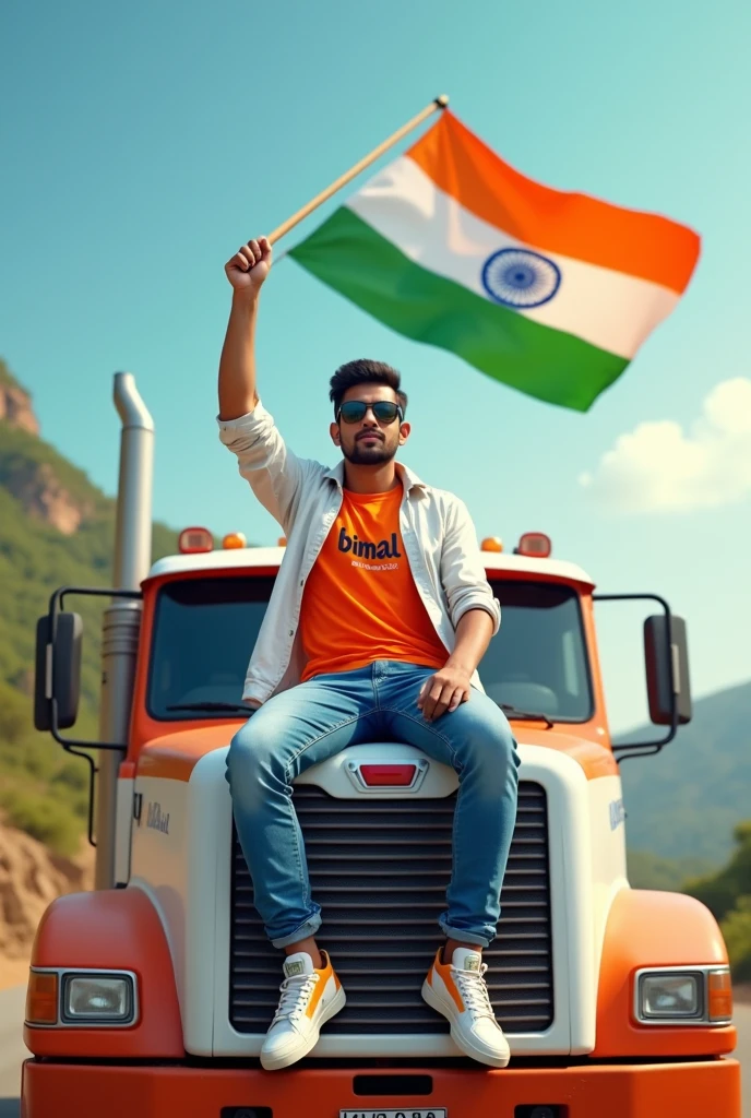 Create an Real image featuring a young man sitting on the hood of a white and orange truck, with india’s scenic background. He’s holding a flag celebrating india’s 15th August. The boy wears a orange and white T-shirt with ‘bimal’ printed on it, white jacket, white orange, black shoes, and sunglasses