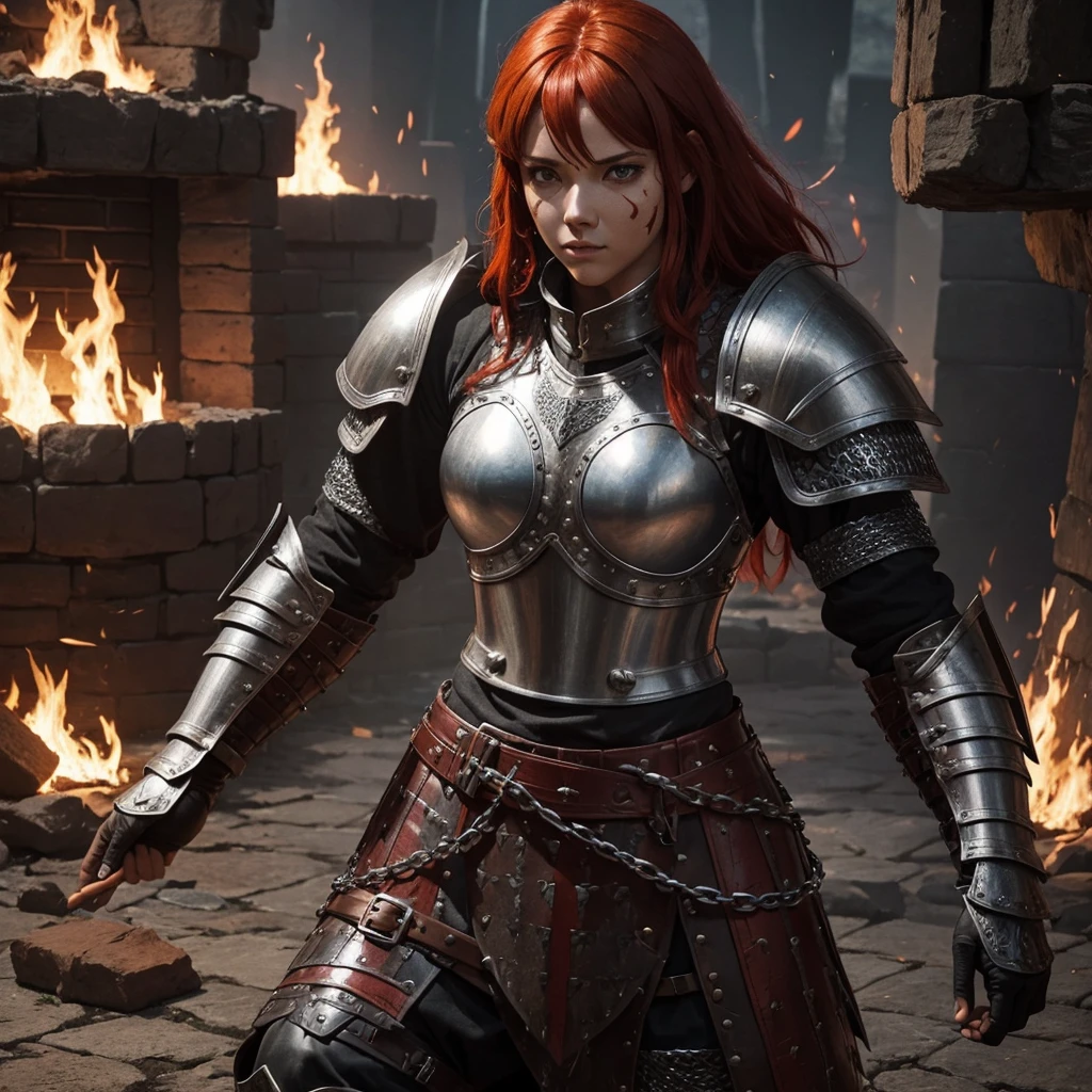 Red hair Anime girl in ancient armor holding a sword with 2 hands by the hilt pointing at ground and sitting on a rock by the fire