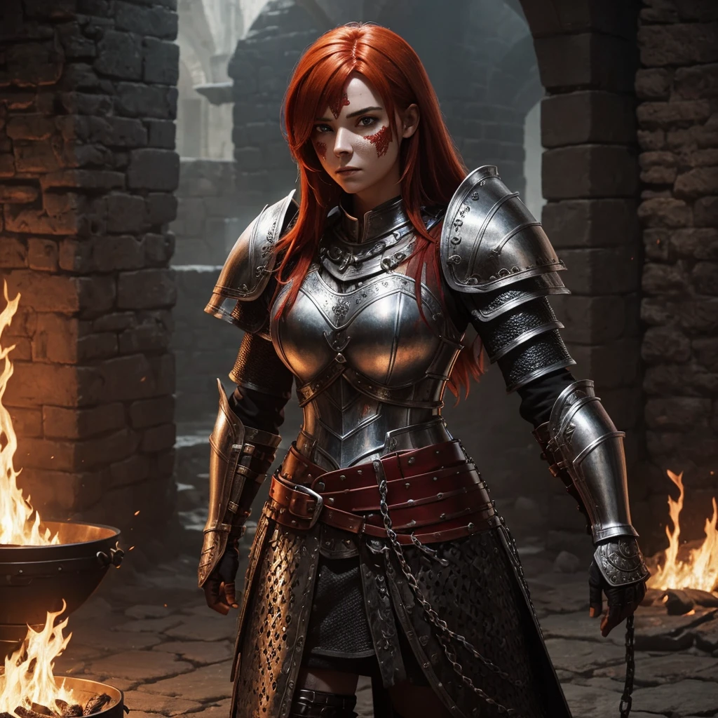 Woman in armor with red hair, espafa shield. Leather armor with chain mail. medieval rpg, it would be with embers on the floor and dust on your face black eyes, hair red fire, olhos negros