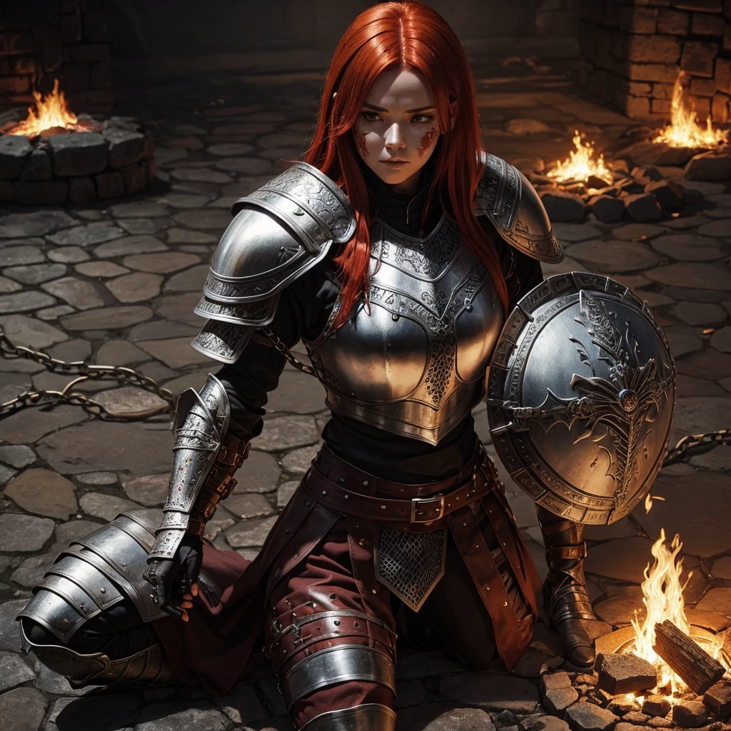 Woman in armor with red hair, espafa shield. Leather armor with chain mail. medieval rpg, it would be with embers on the floor and dust on your face black eyes, hair red fire, olhos negros