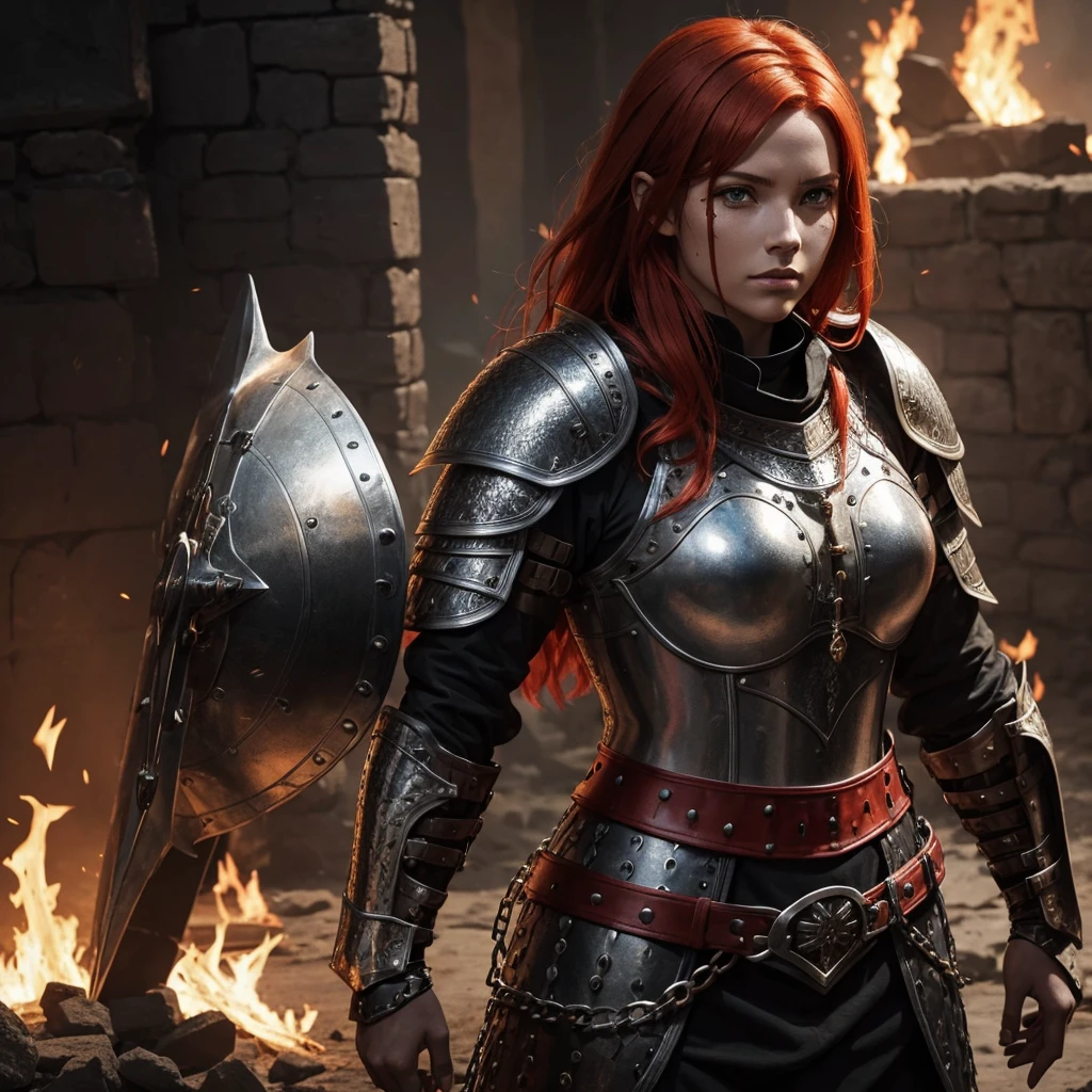 Woman in armor with red hair, espafa shield. Leather armor with chain mail. medieval rpg, it would be with embers on the floor and dust on your face black eyes, hair red fire, olhos negros