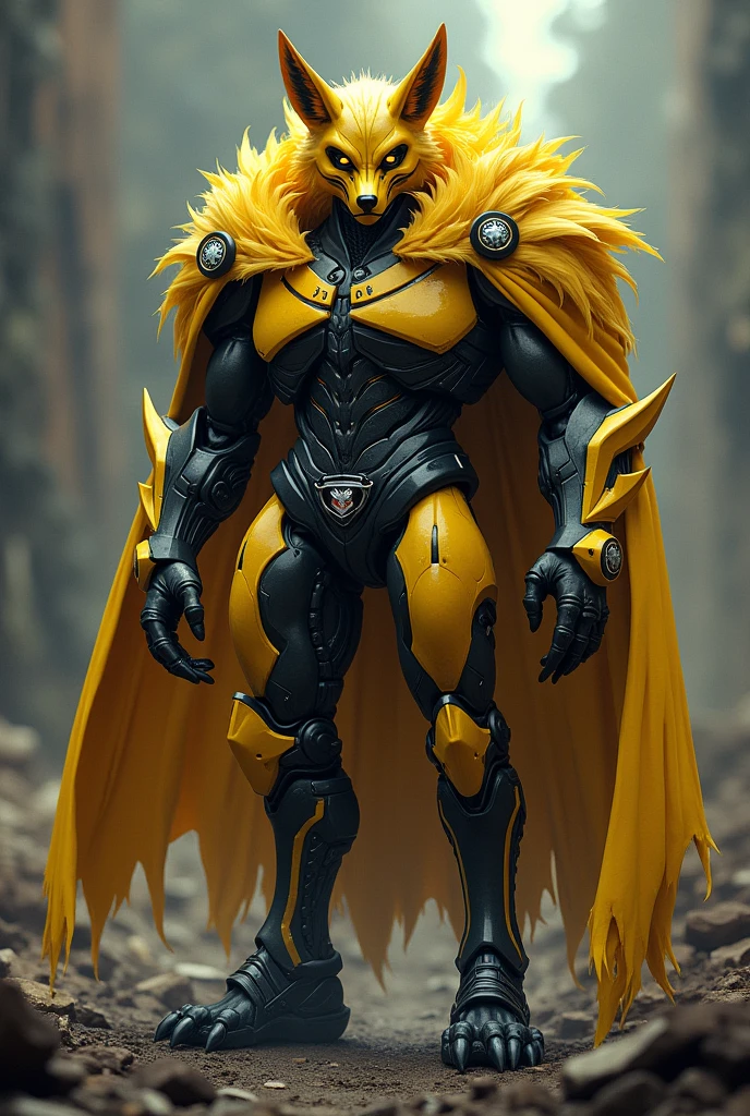 Make a Power Rangers Psycho Rangers with details of dark yellow fox with a cape and claws with 2 police gyroflex on the helmet on both sides of the Decepticon Transformers.