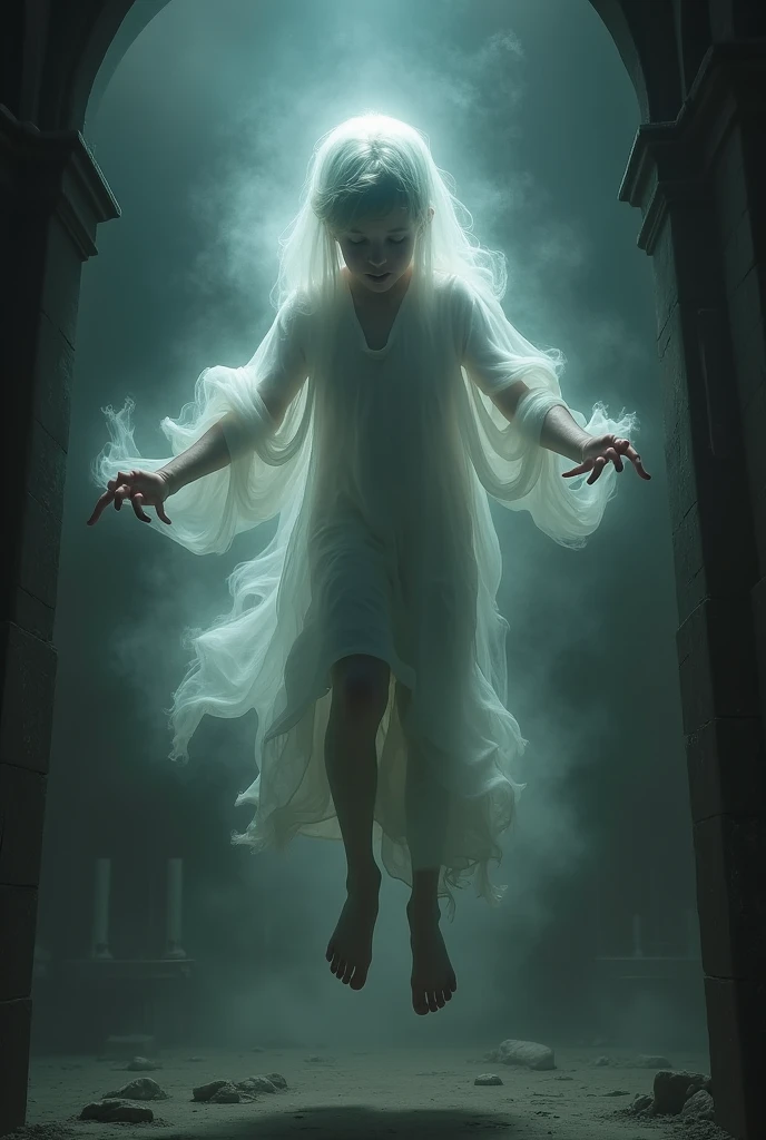 boy possessed by ghost floating in air