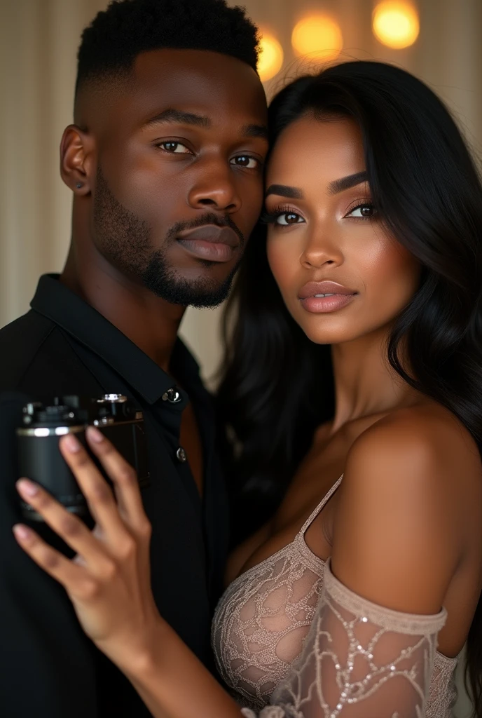 Stunning medium shot photograph of an African American couple 1 handsome black man with short fade haircut luxury black camsa, 1 beautiful Latin woman with dark skin chocolate color eyes looking at viewer emerald green color, seductive body 95-60-100 balanced , perfect beauty, long silky hair with waves, romantic scene