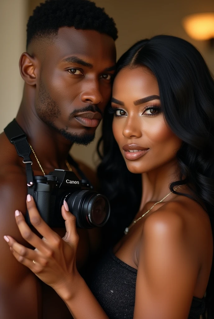 Stunning medium shot photograph of an African American couple 1 handsome black man with short fade haircut luxury black camsa, 1 beautiful Latin woman with dark skin chocolate color eyes looking at viewer emerald green color, seductive body 95-60-100 balanced , perfect beauty, long silky hair with waves, romantic scene