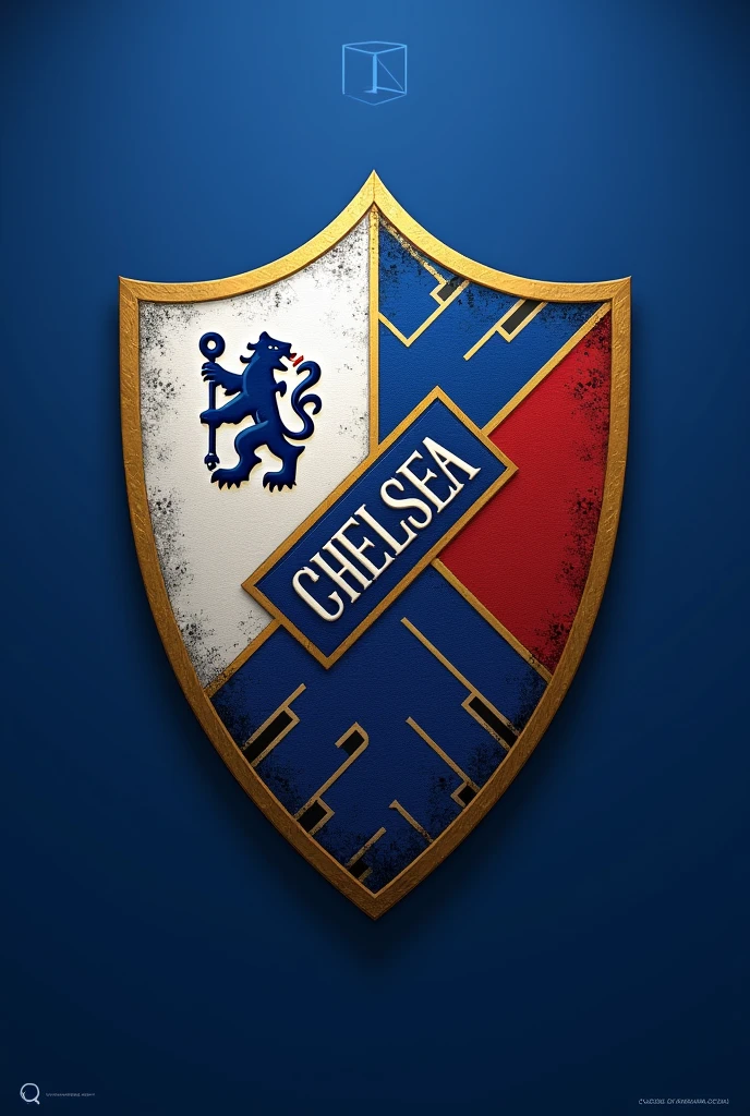 Generate a shield for a football team named CHELSEA that INCLUDES the colors WHITE, BLUE, RED, and GOLD.