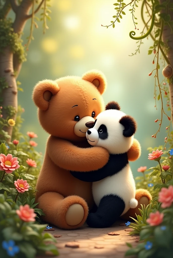 A brown teddy hug a boy panda express love with beautiful plants outdoor couples