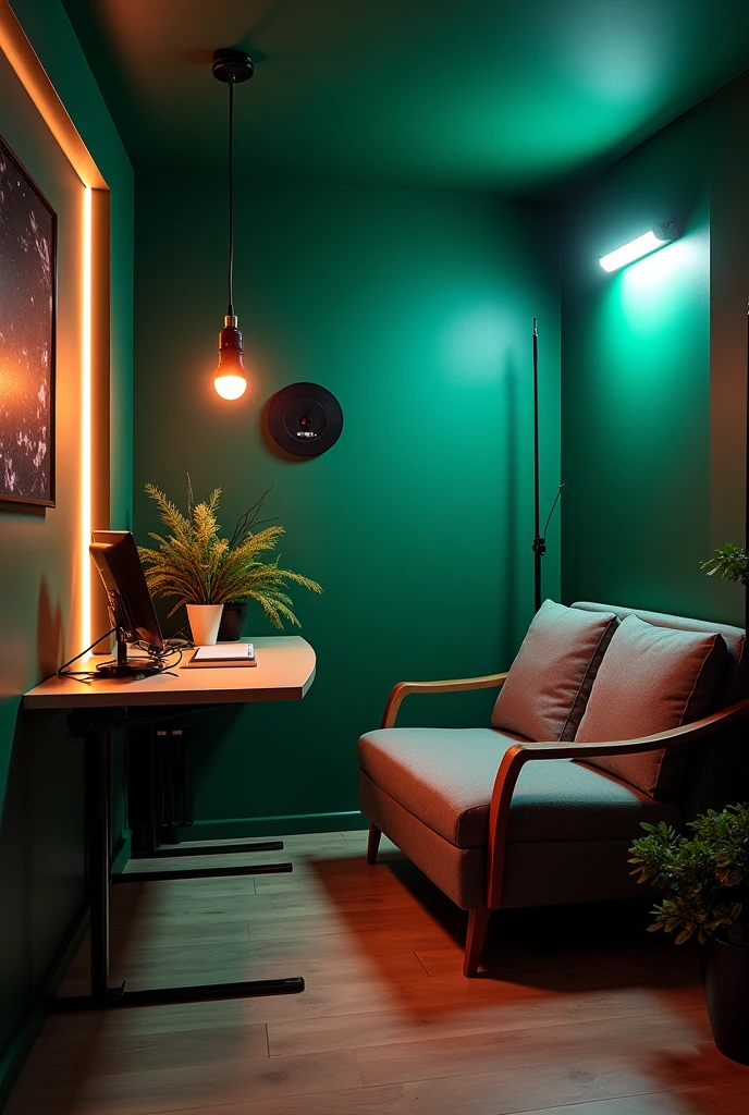 Podcasts studio with 480 cm width and 400 cm length with podcasts sofa and YouTube streaming table  with two camera and lightning setup in two directions for podcasts  dark green wall and led lights on the background and with microphone on the two tables  , streaming table, camera, flower,led lights 
