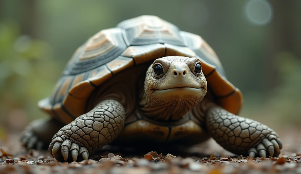 Tortoise smiling gently, with a sense of newfound hope and peace, while still remembering his lost companion.