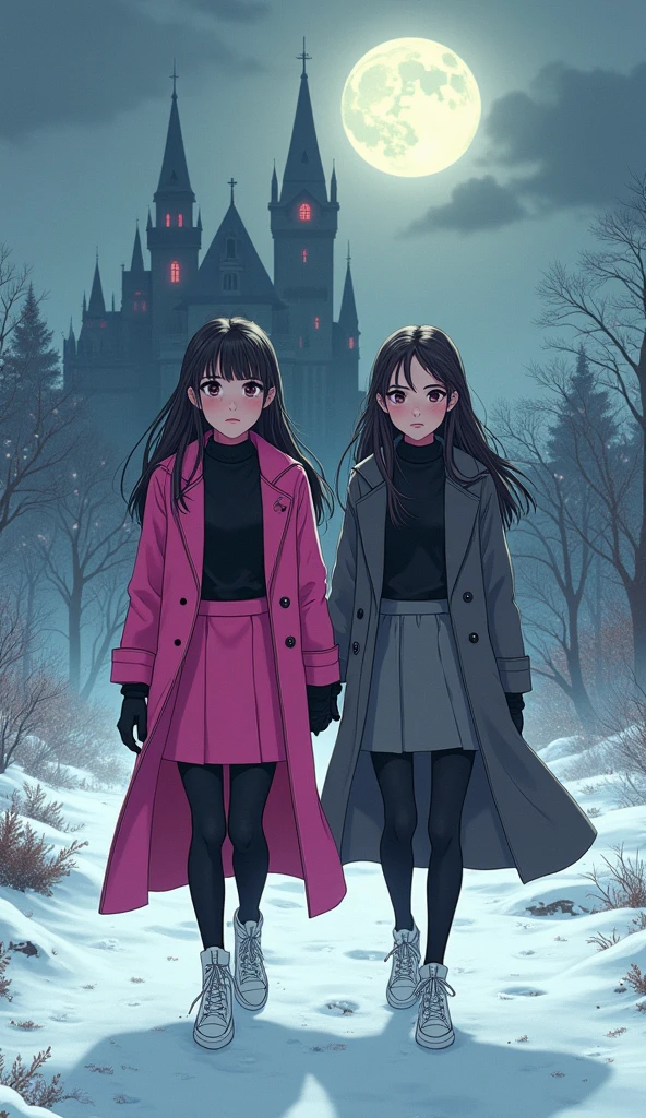 Two girls, long black hairs, yuri, Vampire Hunters

The first girl wear a pink long coat, black shirt, pink pencil skirt, black underpants, black tights, black gloves, white sneakers high top.

The second girl wore a grey long coat, black shirt, grey pencil skirt, black underpants, black tights, black gloves, white sneakers high top.

walking forward and heading towards the vampire castle, snowing, grey blue sky, moon, cartoon novel, 4K, HD