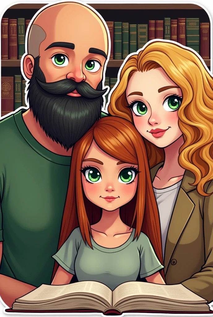 A tall white man, bald, his beard is black and his eyes are green. A white woman, has copper-brown hair, straight without bangs and parted in the middle, her eyes are green. white woman, with white skin, green eyes and curly, blonde hair. Sticker illustration, library background.