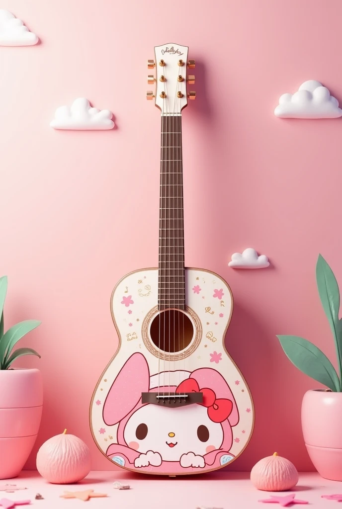 Make a guitar with the shape of the sound box like my melody from sanrio and its colors
