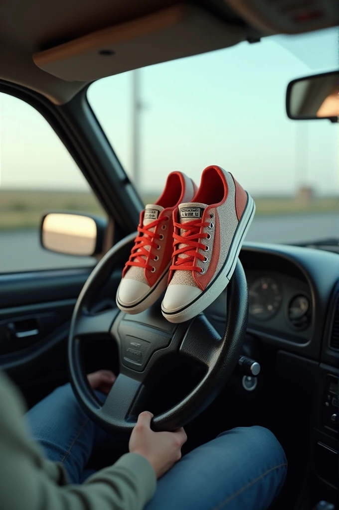 With sports shoes on the car steering wheel