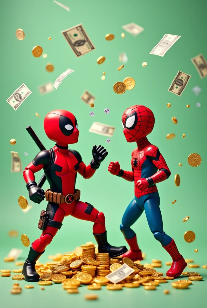 Deadpool and spiderman playing with dollar bills, diamonds, coins, background in light green and Uni Duni Te as the tittle