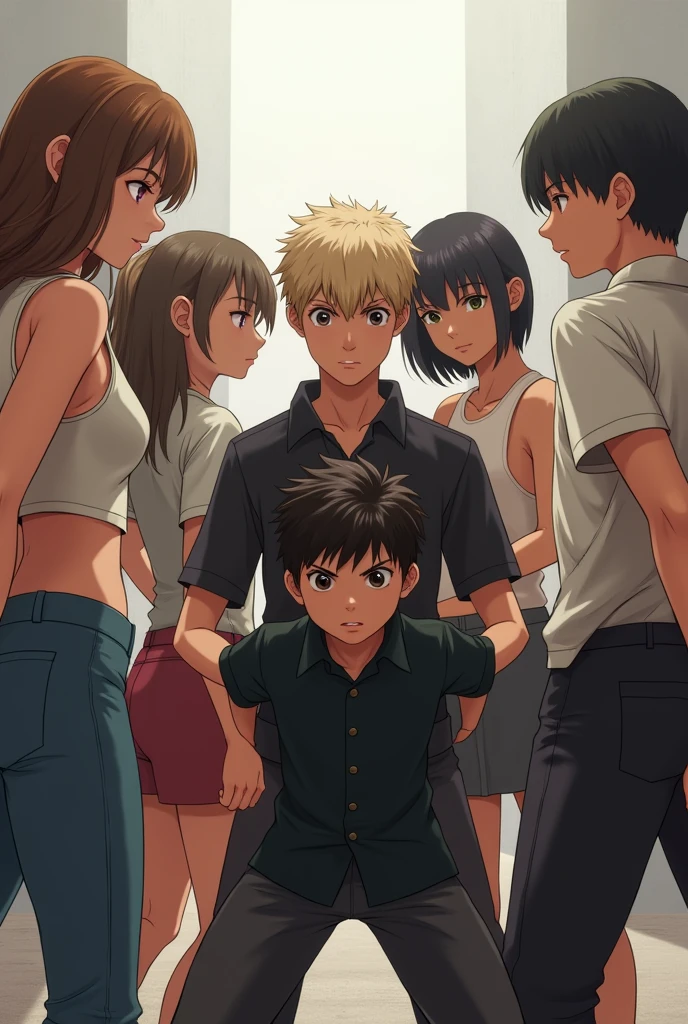 Six young people are lined up back to back, without showing their faces, they are in an attack position, they are 3 women and 3 men. One has white hair and is brown, another is white with wavy brown hair and the other has short, straight black hair. The others are: a tall blond man, a medium-sized boy with black hair and black clothes, and another is an 8-year-old boy with curly, almost blond hair
