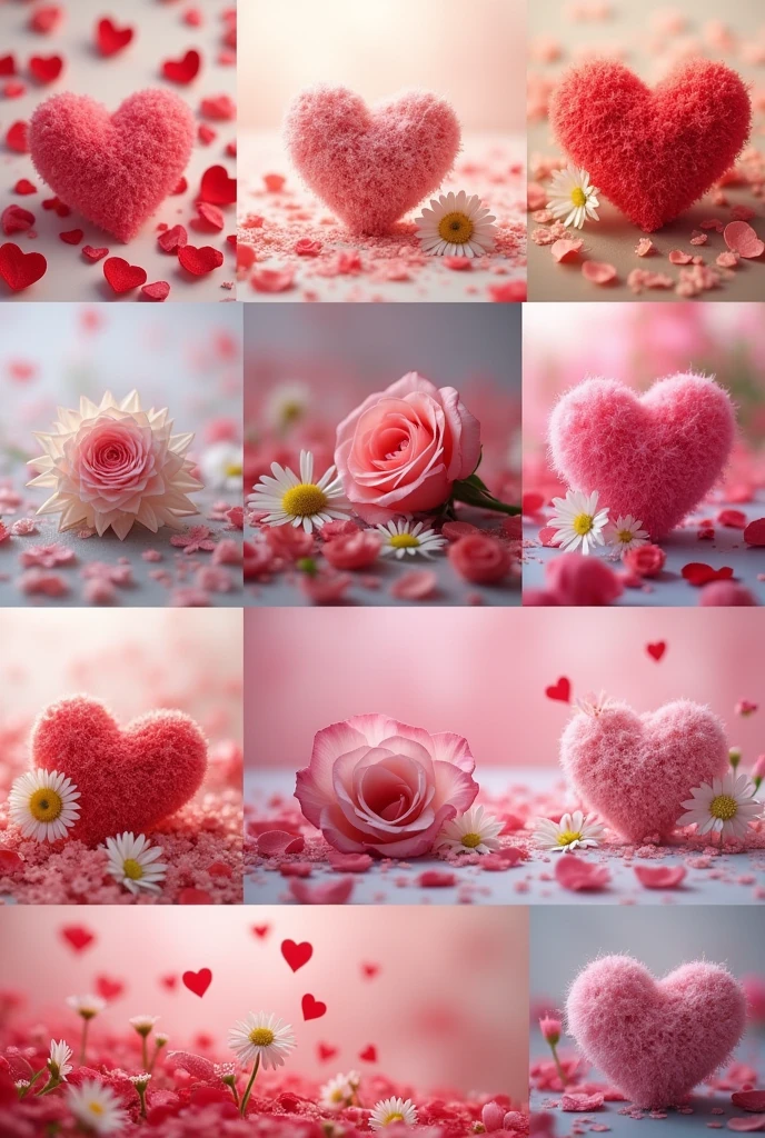 A collage of 7 photos that have images of flowers, hearts and things about love