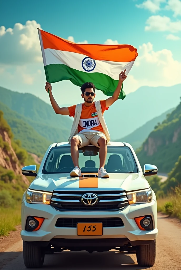 Create an Real image featuring a young man sitting on the hood of a white and orange truck, with india’s scenic background. He’s holding a flag celebrating india’s 15th August. The boy wears a orange and white T-shirt with ‘indra’ printed on it, white jacket, white orange, black shoes, and sunglasses