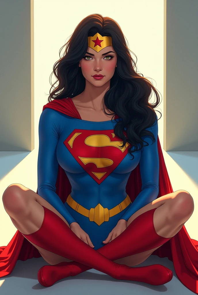 Sexy Girl, kinky, superwoman bodysuit, Cape, high heels, big breasts, skinny, sitting on the back in a field of flowers, milk on her breasts, girl spreads legs, no bra, defined abs, no underwear, pussy close up