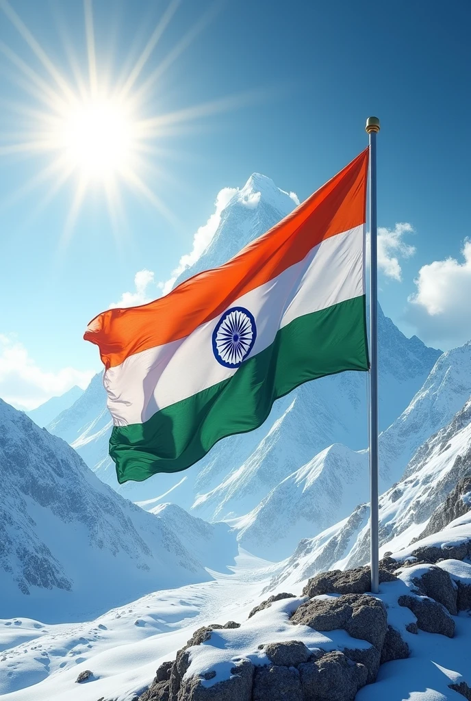 Make a 4K resolution image of the Indian flag with a snowy mountain in the background and sun in the sky with some clouds