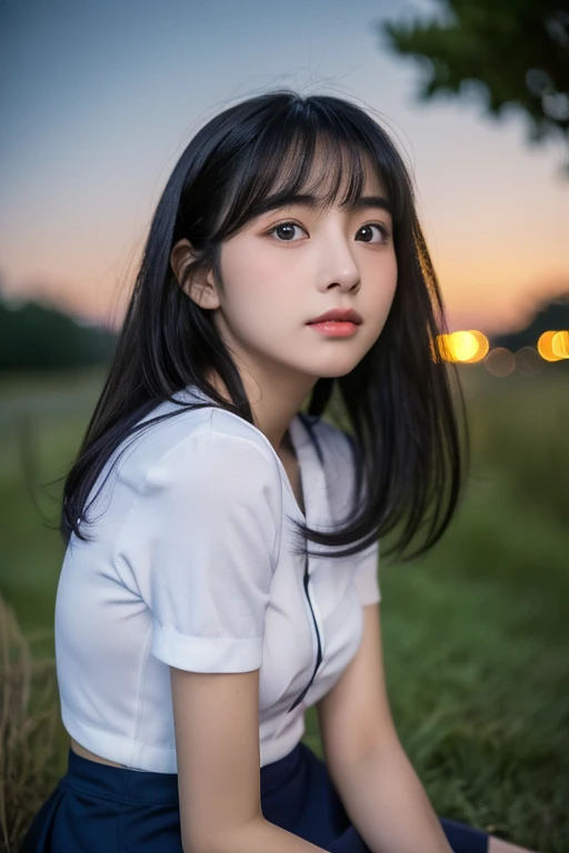 masterpiece、８ｋ、Highest quality、21 years old、Beautiful Eyes、Close-up of a face、from the front、Riverbank、night、Sky、(((Many Stars)))、Looking up at the sky、Looking into the distance、((White camisole))、((Navy blue mini skirt))、Rural landscape、Medium-long hair、Straight black hair、bangs