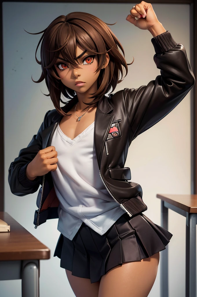 ((anime boy)), ((crossdresser)), (((1boy)))), (((solo))), ((((alone)))) medium dark brown hair, red eyes, ((((brown skin)))), wide hips, narrow waist, thick thighs, angry, make up, red lipstick, standing in a classroom, ((flat chest)), (black school jacket), (black skirt), (shirt), (highschool uniform)