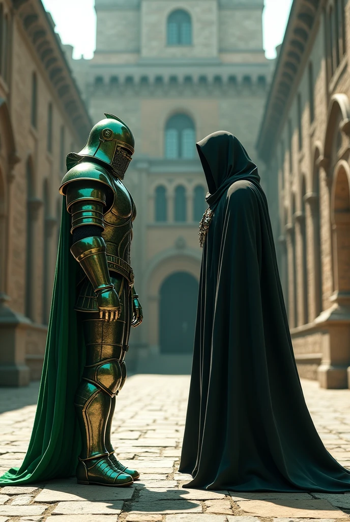 Warrior in green armor and a closed green helmet facing a man in armor fully covered by a black cloak in the courtyard of a castle