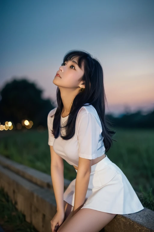 masterpiece、８ｋ、Highest quality、21 years old、Beautiful Eyes、Close-up of a face、from the front、Riverbank、night、Sky、(((Many Stars)))、Looking up at the sky、Looking into the distance、((White camisole))、((Navy blue mini skirt))、Rural landscape、Medium-long hair、Straight black hair、bangs