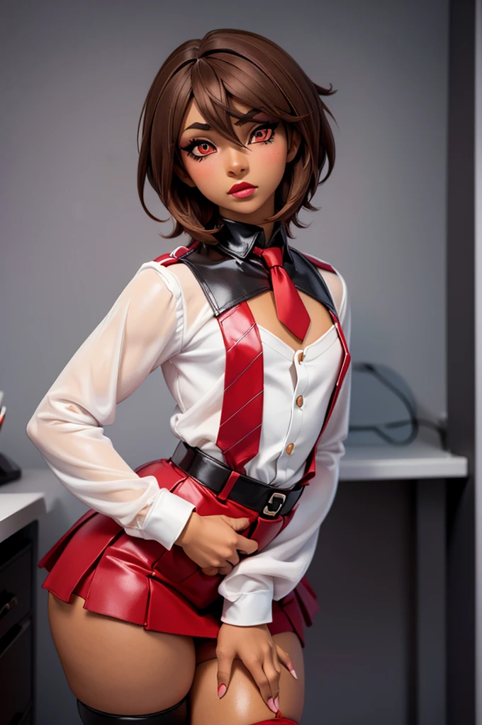 ((anime boy)), ((crossdresser)), (((1boy)))), (((solo))), ((((alone)))) medium dark brown hair, red eyes, ((((brown skin)))), wide hips, narrow waist, thick thighs, standing in a office, ((flat chest)), short skirt, visible bulge, closed shirt, red tie, ((makeup)), ((red lipstick)), (((black office outfit))).