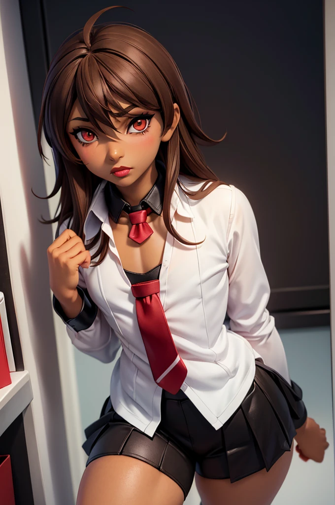 ((anime boy)), ((crossdresser)), (((1boy)))), (((solo))), ((((alone)))) medium dark brown hair, red eyes, ((((brown skin)))), wide hips, narrow waist, thick thighs, standing in a office, ((flat chest)), short skirt, visible bulge, closed shirt, red tie, ((makeup)), ((red lipstick)), (((black office outfit))).