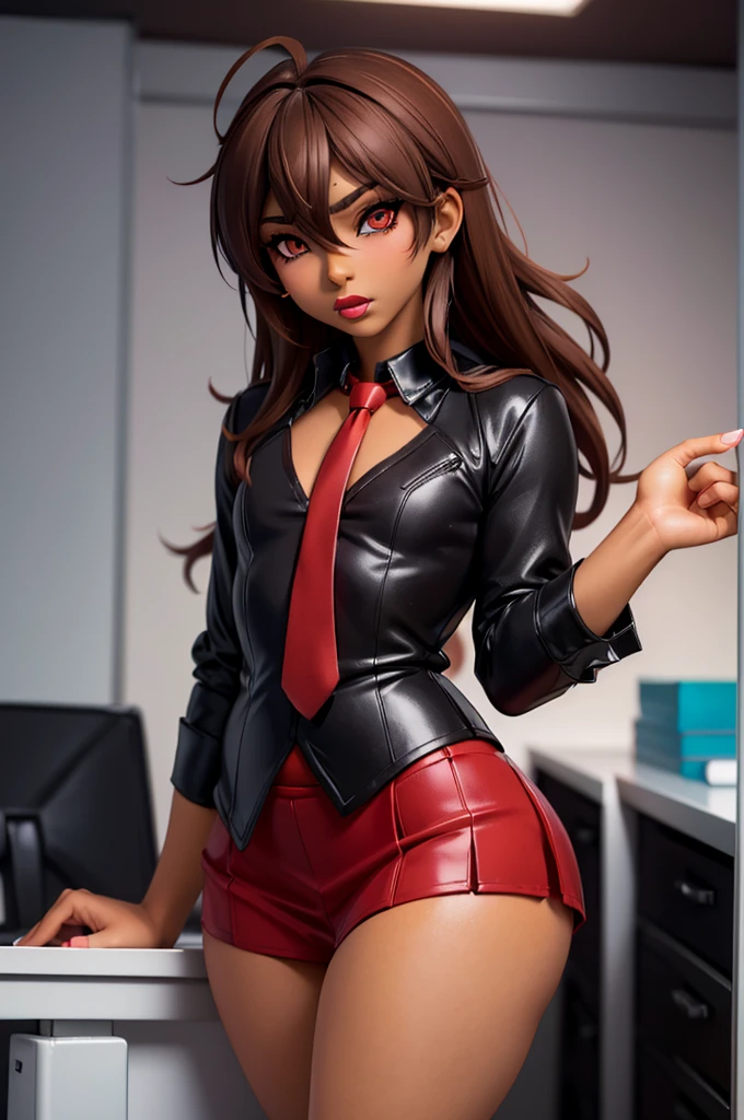 ((anime boy)), ((crossdresser)), (((1boy)))), (((solo))), ((((alone)))) medium dark brown hair, red eyes, ((((brown skin)))), wide hips, narrow waist, thick thighs, standing in a office, ((flat chest)), short skirt, visible bulge, closed shirt, red tie, ((makeup)), ((red lipstick)), (((black office outfit))).