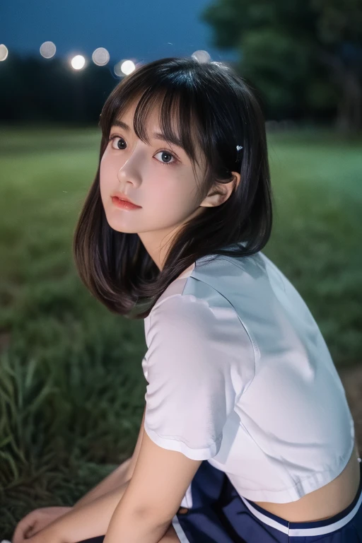 masterpiece、８ｋ、Highest quality、21 years old、Beautiful Eyes、Close-up of a face、from the front、Riverbank、night、Sky、(((Many Stars)))、Looking up at the sky、Looking into the distance、((White camisole))、((Navy blue mini skirt))、Rural landscape、Medium-long hair、Straight black hair、bangs