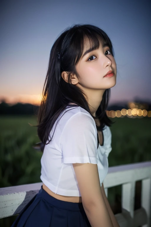 masterpiece、8k、Highest quality、21 years old、Beautiful Eyes、Close-up of a face、from the front、Riverbank、night、Sky、(((Many Stars)))、Looking up at the sky、Looking into the distance、((White camisole))、((Navy blue mini skirt))、Rural landscape、Medium-long hair、Straight black hair、bangs