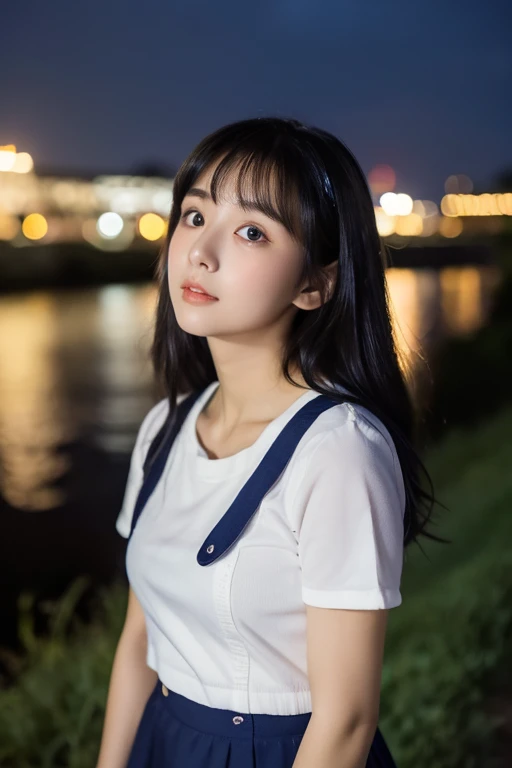 masterpiece、８ｋ、Highest quality、21 years old、Beautiful Eyes、Close-up of a face、from the front、Riverbank、night、Sky、(((Many Stars)))、Looking up at the sky、Looking into the distance、((White camisole))、((Navy blue mini skirt))、Rural landscape、Medium-long hair、Straight black hair、bangs