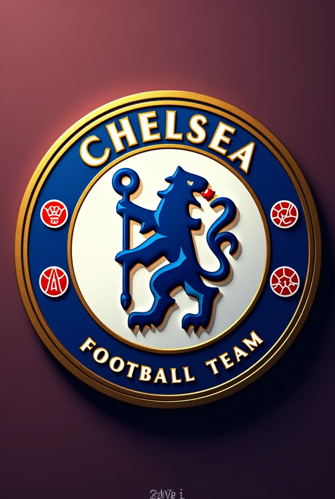 Generate a shield for a football team named CHELSEA that INCLUDES the colors WHITE AND BLUE RED AND GOLD AND IS ROUND



