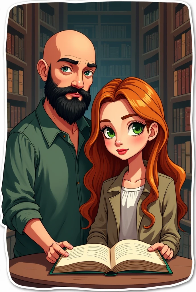 A tall white man, bald, his beard is black and his eyes are green.  A white woman, has copper-brown hair, straight without bangs and parted in the middle, her eyes are green.  white woman, with white skin, green eyes and curly, blonde hair. Sticker illustration, library background.