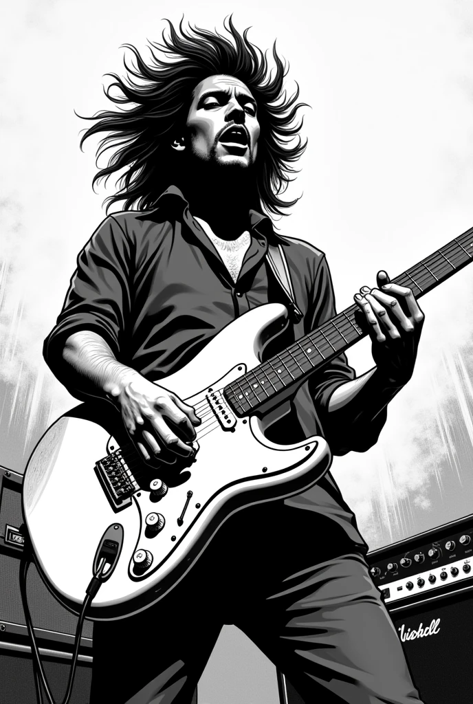 Make a black white comic picture of a guitarist playing on a Stratocaster