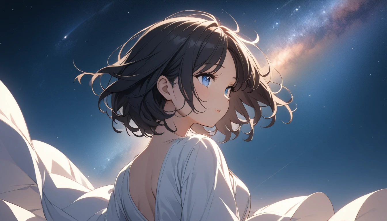 Starry Sky、milky way、One woman、Black Hair、Short Hair、Hair blowing in the wind、Blue Eyes、White dress、Back view、Upper Body、Low - Angle
