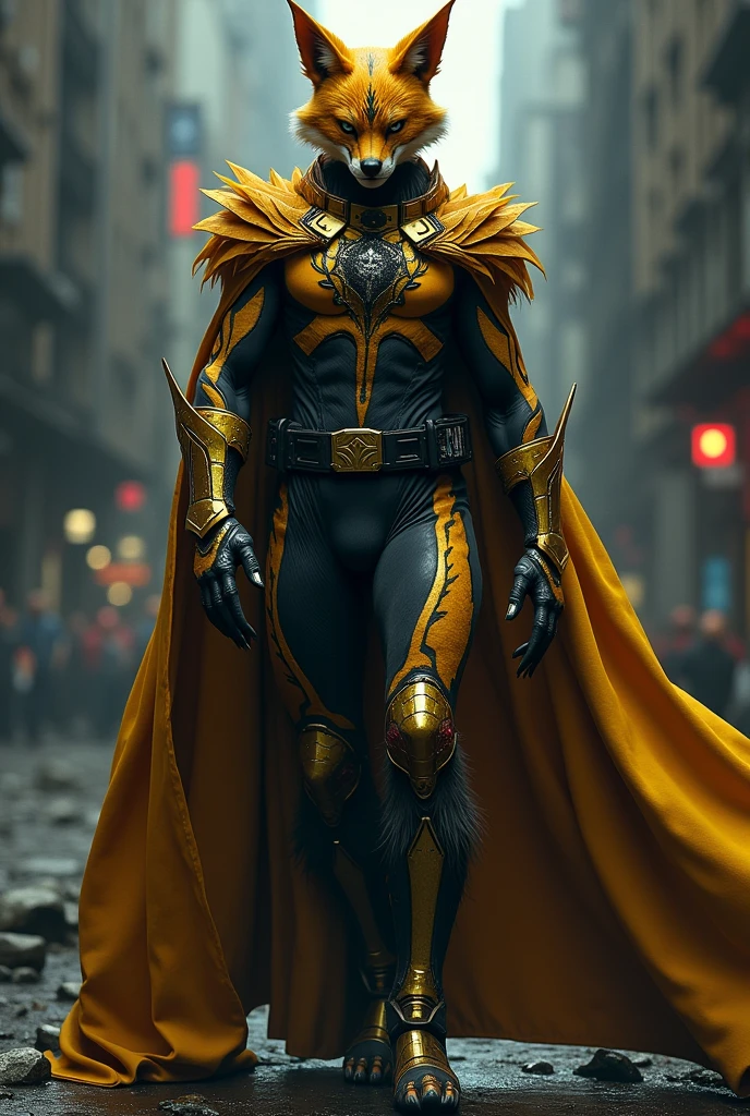 Make a power rangers psycho rangers with dark yellow fox details with cape and claws with 2 police flashers on the helmet on both sides of the car
