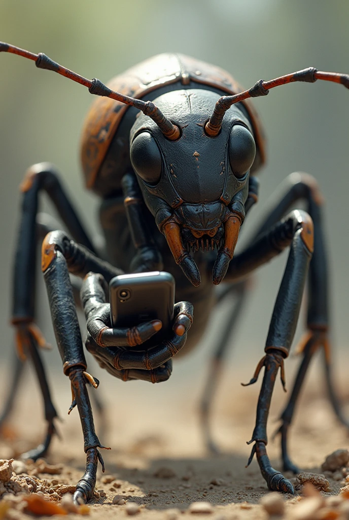 Create an image of a large ant holding a cell phone in its hand.