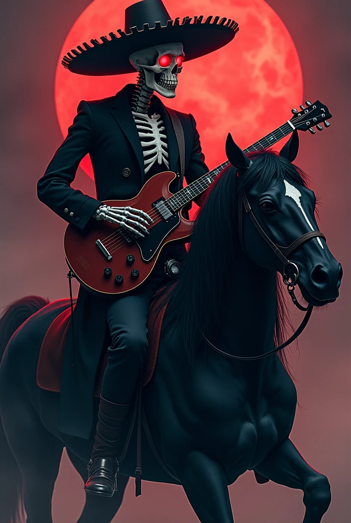A complete skeleton with eyes red like hell, He dresses in a black Charro outfit, with a guitar he rides his black as coal steed and red eyes, He uses an anime style