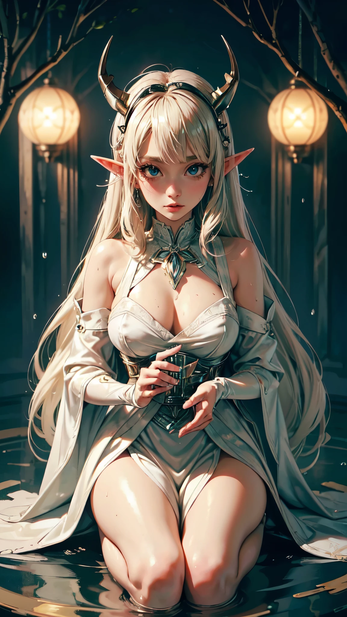 1 girl, adult woman, Alone, g0ld3mb, air, (platinum blonde hair) hair, hime cut, (kawaii hair clips:1.2) high quality, Best Quality, high resolution, High detail, (airen aura magic), hair uplifted, horns,detailed eyes, detaield hands, detailed face, elf woman, full body, wet,drops of water,wet
