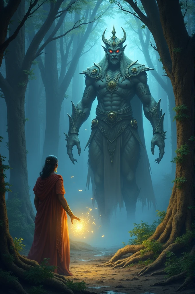 Illustrate the moment when Queen Suman arrives in the forest to help King Vikram. The queen stands gracefully at the edge of the scene, holding a mystical, glowing object that emanates a soft light, casting away some of the darkness. The demon, now weakened by the queen's presence, is shown recoiling, while the king turns to acknowledge his queen's arrival with a look of relief and admiration."
