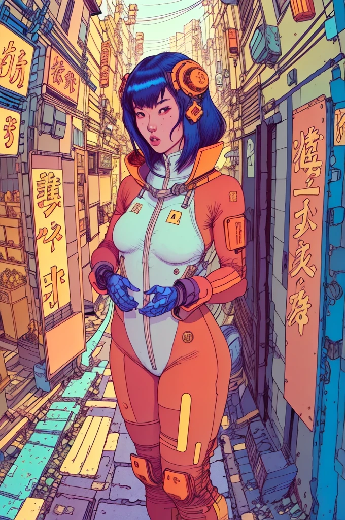 fisheye wideshot standing full body Japanese woman in a one-piece latex bodysuit Tokyo alley, by josan gonzalez
