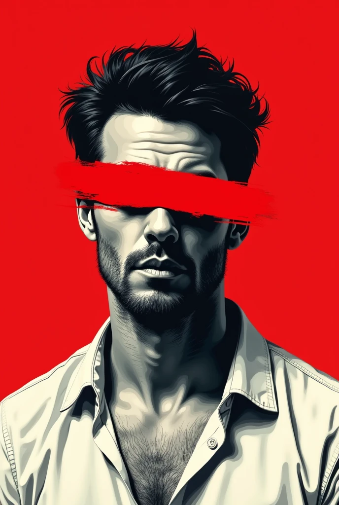 A stylized vector art portrait of a man with a black and white face, partially obscured by a bold red strip across his eyes and mouth. The background is a solid red. The figure appears solemn, wearing a loose white shirt, conveying a sense of conflict or restriction, vector art