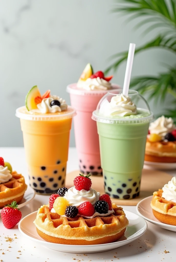 3 Bubble tea  and  2 waffles
With text of buybone get one free
Instagram promotional post