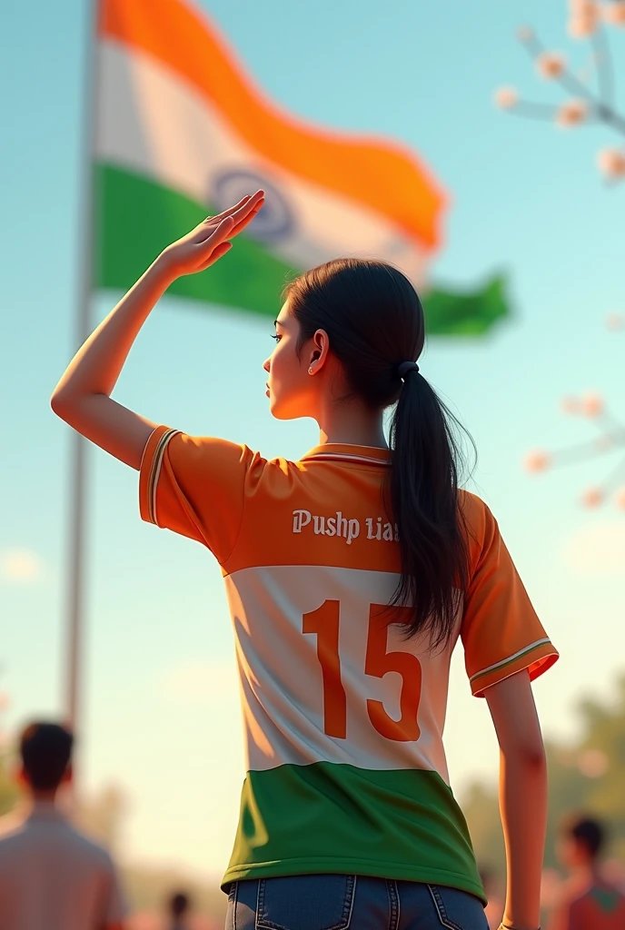 A 30 years old girl salutes the national flag of bharat and he is wearing a shirt print is like bharat flag and "pushp lata" and 15 number and independence day in small is written on it's back in big and bold fonts, 3d illustration